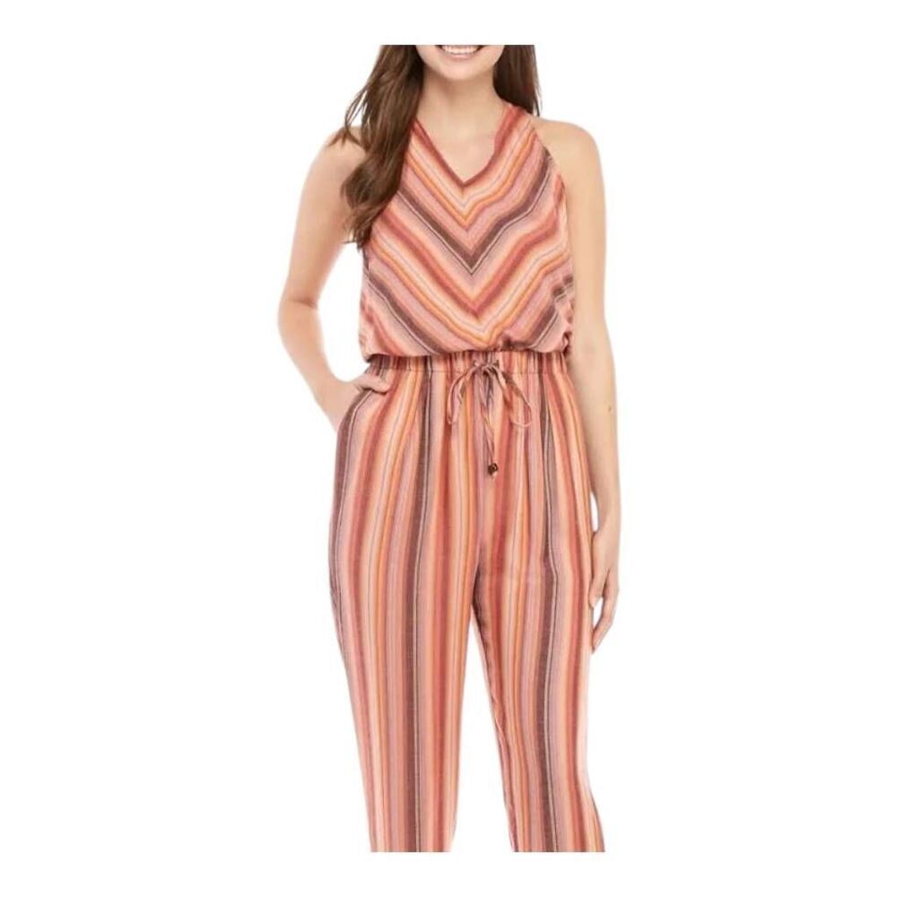 Wonderly Tie Waist T Back‎ Jumpsuit striped rayon 1X new NWT